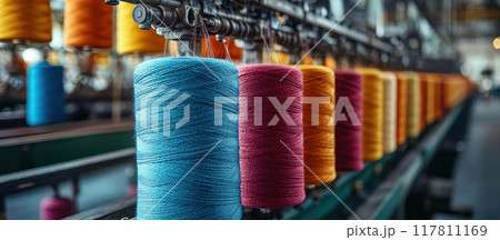 Colorful Spools of Thread in a Modern Textile Factory with Industrial Machinery in the Background Colorful Spools of Thread in a Modern Textile Factory with Industrial Machinery in the Background 117811169