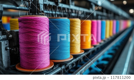 Colorful Spools of Thread in a Modern Textile Factory with Industrial Machinery in the Background Colorful Spools of Thread in a Modern Textile Factory with Industrial Machinery in the Background 117811200