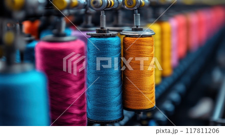 Colorful Threads on Spools in a Textile Factory - Close-Up of Vibrant Yarn in Industrial Setting 117811206