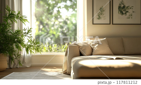 Cozy Sunlit Living Room with Modern Sofa and Greenery by Large Window Overlooking Nature Cozy Sunlit Living Room with Modern Sofa and Greenery by Large Window Overlooking Nature 117811212