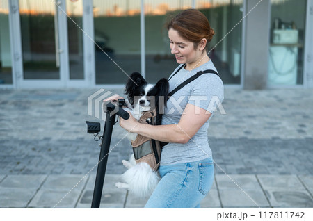 A woman rides an electric scooter with a dog in a backpack. Pappilion Spaniel Continental in a sling. 117811742