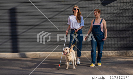 Blind caucasian woman walking with guide dog and pregnant girlfriend. Blind caucasian woman walking with guide dog and pregnant girlfriend. 117812174
