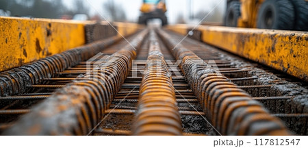 Close-Up of Rusty Steel Rebars at a Construction Site with Heavy Machinery in the Background 117812547