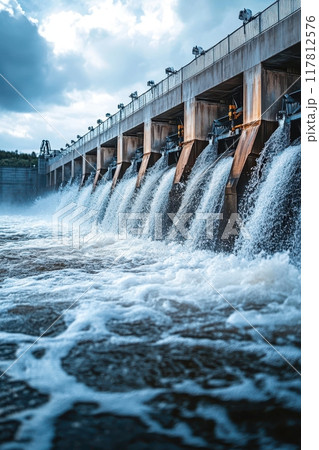 Powerful Water Flow from a Modern Hydroelectric Dam with Cloudy Sky in the Background Powerful Water Flow from a Modern Hydroelectric Dam with Cloudy Sky in the Background 117812576