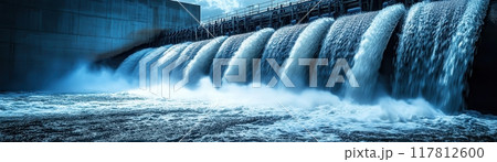 Powerful Water Flow Over Dam with Cascading Waterfalls and Blue Sky in Background Powerful Water Flow Over Dam with Cascading Waterfalls and Blue Sky in Background 117812600