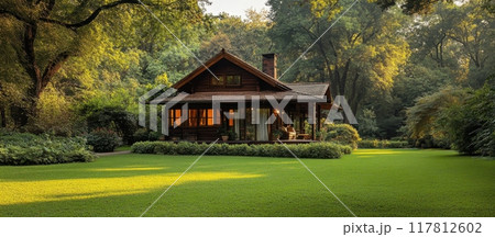 Charming Wooden Cabin in a Lush Forest Setting with Sunlit Lawn and Cozy Ambiance 117812602