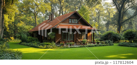 Cozy Wooden Cottage in a Lush Green Forest with Manicured Lawn and Red Tiled Roof Cozy Wooden Cottage in a Lush Green Forest with Manicured Lawn and Red Tiled Roof 117812604