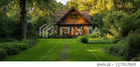 Charming Wooden Cottage Surrounded by Lush Greenery and Trees in a Serene Forest Setting Charming Wooden Cottage Surrounded by Lush Greenery and Trees in a Serene Forest Setting 117812605