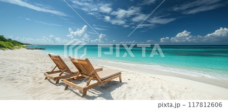 Tropical Beach with Two Wooden Lounge Chairs on White Sand Under a Clear Blue Sky 117812606