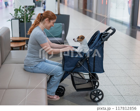 Caucasian woman petting her Jack Russell terrier dog. Shopping with a pet in the mall. Caucasian woman petting her Jack Russell terrier dog. Shopping with a pet in the mall. 117812856