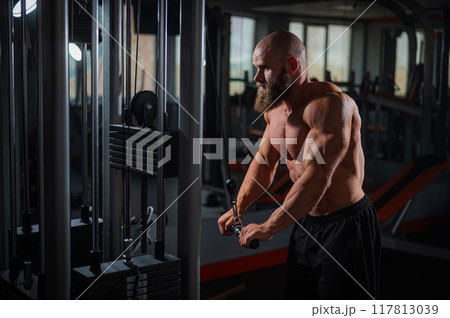 Bald Caucasian Bodybuilder doing heavy triceps exercises with cable. Bald Caucasian Bodybuilder doing heavy triceps exercises with cable. 117813039