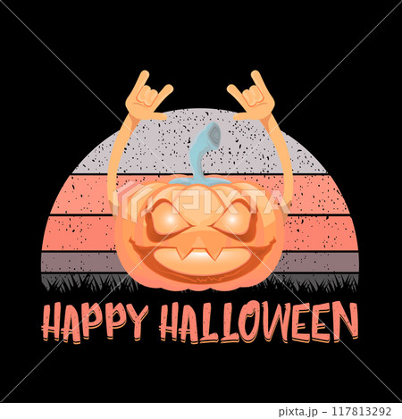 vector Halloween funky rock n roll style cartoon carved pumpkin character isolated on vintage sunset background. Happy halloween party concept poster, banner, flyer, cover and card 117813292