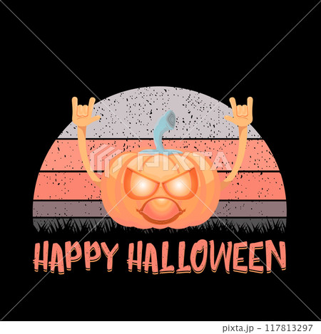 vector Halloween funky rock n roll style cartoon carved pumpkin character isolated on vintage sunset background. Happy halloween party concept poster, banner, flyer, cover and card vector Halloween funky rock n roll style cartoon carved pumpkin character isolated on vintage sunset background. Happy halloween party concept poster, banner, flyer, cover and card 117813297