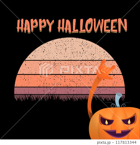 vector Halloween funky rock n roll style cartoon carved pumpkin character isolated on vintage sunset background. Happy halloween party concept poster, banner, flyer, cover and card 117813344