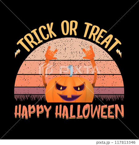vector Halloween funky rock n roll style cartoon carved pumpkin character isolated on vintage sunset background. Happy halloween party concept poster, banner, flyer, cover and card 117813346