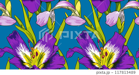 Vector seamless pattern with freesia flowers on blue background 117813489
