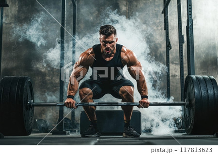ジムでのハードなウェイトリフティング 117813623