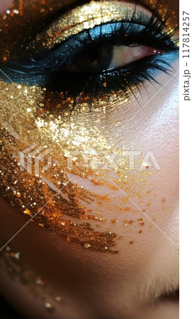 Close-up eye of a beautiful woman with golden glitter makeup. A girl with gold metallic paint on her face. Fashion and beauty concept. 117814257