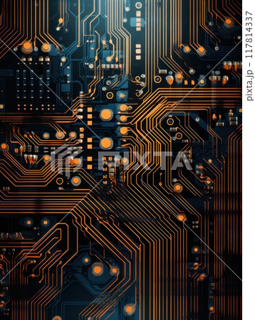 Inner and outer circuit board. Motherboard abstract background. Futuristic wallpaper CPU chip 117814337