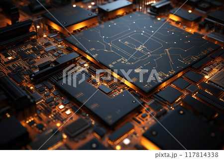 Inner and outer circuit board. Motherboard abstract background. Futuristic wallpaper CPU chip Inner and outer circuit board. Motherboard abstract background. Futuristic wallpaper CPU chip 117814338