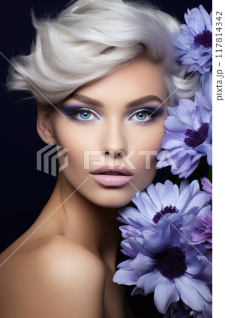 Pretty woman with bright makeup. Beautiful girl with flowers. 117814342