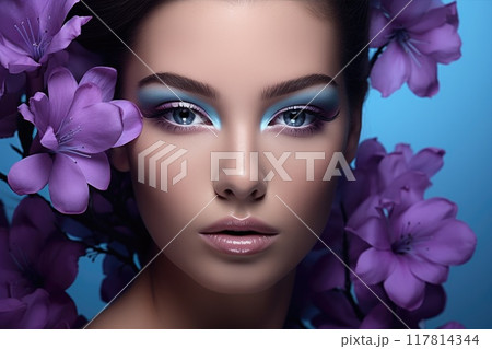 Pretty woman with bright lavender makeup. Beautiful girl with light violet flowers. Beauty portrait of young model with purple make-up. A healthy clean skin. Pretty woman with bright lavender makeup. Beautiful girl with light violet flowers. Beauty portrait of young model with purple make-up. A healthy clean skin. 117814344
