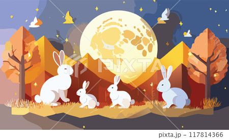 Mid autumn festival with rabbits and the moon in the forest. Vector illustration of  Mid autumn festival. 117814366
