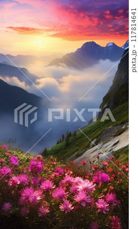 Blooming meadow among mountains. High peaks and flowers. Beauty in nature. Blooming meadow among mountains. High peaks and flowers. Beauty in nature. 117814641