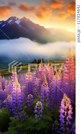 Blooming meadow among mountains. High peaks and flowers. Beauty in nature. 117814642