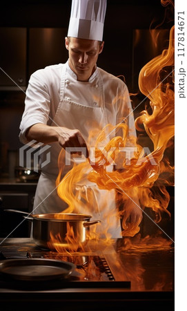 A chef in a white work uniform and a chef's hat prepares a dish in a frying pan with fire. 117814671