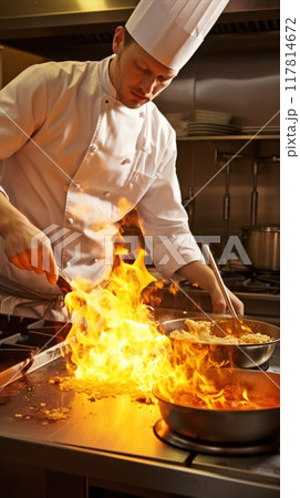 A chef in a white work uniform and a chef's hat prepares a dish in a frying pan with fire. 117814672