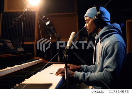 A black male singer is recording vocals in a music studio using a microphone and wearing headphones. The rap artist is recording a new album 117814678