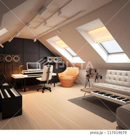 A recording studio with a keyboard, chair, speakers, and a computer. The property for music production 117814679