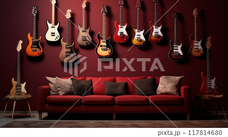 Electric guitars are displayed in a music room above a maroon sofa, creating a sophisticated space 117814680