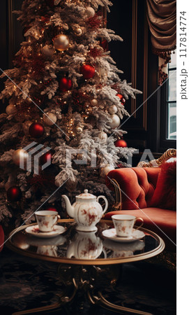 A coffee table with Xmas decor on a background of a sofa and a Christmas tree in the room. 117814774