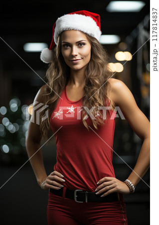 Female Santa Claus fitness trainer. A muscular man in a gym 117814837
