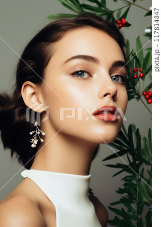 Young beautiful girl with blue eyes and green Christmas decor made from fir branches and red berries. 117814847