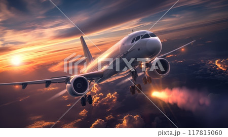 Commercial airplane flying at sunset Commercial airplane flying at sunset 117815060