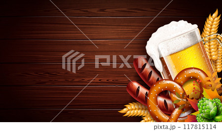 Oktoberfest Beer Festival Banner Illustration with Fresh Lager Beer, Pretzel and Sausage on Vintage Wooden Background. Vector Celebration Flyer Template for Traditional German Beer Festival. 117815114