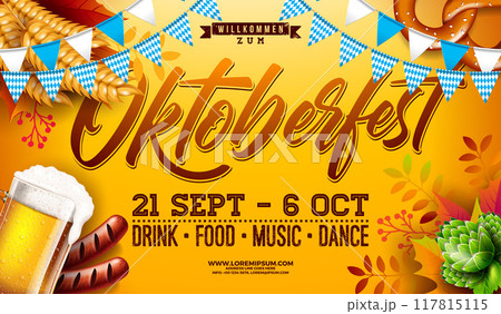 Oktoberfest Party Banner Illustration with Fresh Lager Beer and Blue and White Bavaria Party Flag on Yellow Background. Vector Celebration Flyer Template for Traditional German Beer Festival. 117815115