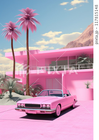 A luxury retro car and a beautiful pink dollhouse building. The cottage of a princess girl.  117815148