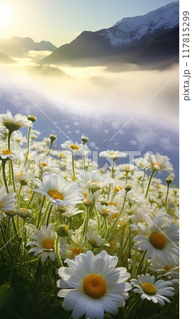 Blooming meadow among mountains. High peaks and flowers. Beauty in nature. Blooming meadow among mountains. High peaks and flowers. Beauty in nature. 117815299