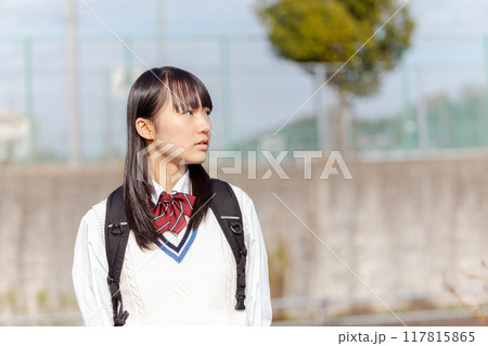 校庭の前に立つ制服を着た女子高生 校庭の前に立つ制服を着た女子高生 117815865