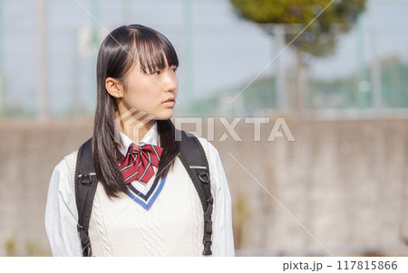 校庭の前に立つ制服を着た女子高生 校庭の前に立つ制服を着た女子高生 117815866