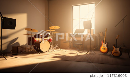 Vintage music studio with drum set, guitar and cozy ambiance for practice and recording 117816008