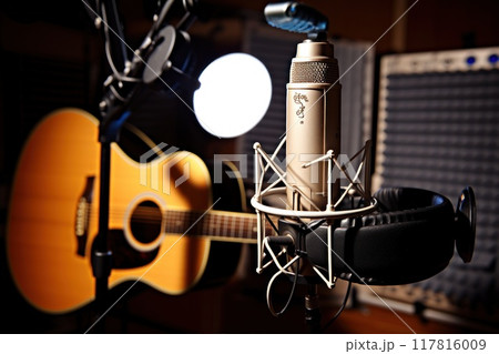 A Guitar is placed next to a Musical instrument a 117816009