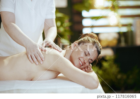 massage therapist in massage cabinet massaging clients back 117816065