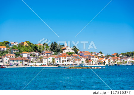 Panoramic wiew of Rogoznica town from blue Adriatic sea in Croatia 117816377
