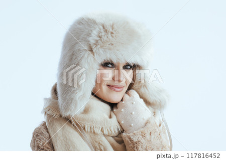 happy stylish woman touching face on white happy stylish woman touching face on white 117816452