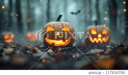 Lit Jack-O'-Lanterns in a Forest 117816700